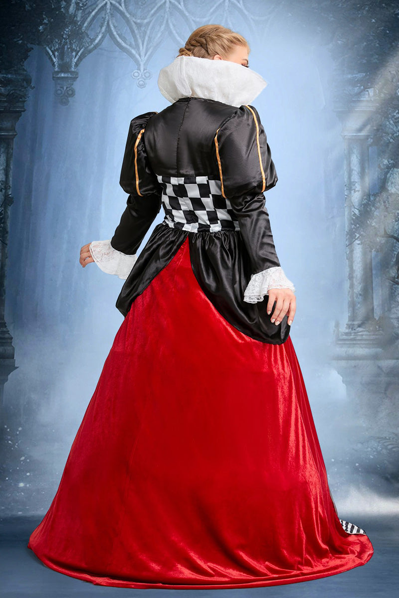 Queen Of Hearts Halloween Costumes Checkered Print Lace Puff Sleeves Maxi Dress(Ships 24h)