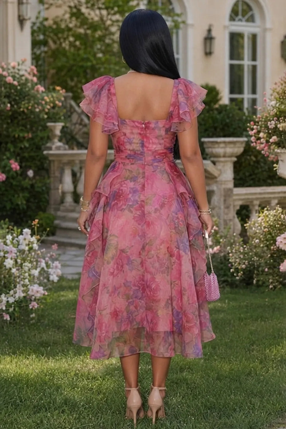 Square Neck Ruffle Sleeve Floral Cinch Waist Midi Dresses-Fuchsia [Pre Order]