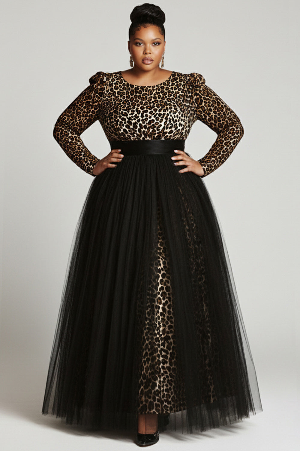 Black Leopard Round Neck Long Sleeve Contrast Elegant Tulle Maxi Dresses
