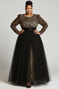 Black Leopard Round Neck Long Sleeve Contrast Elegant Tulle Maxi Dresses