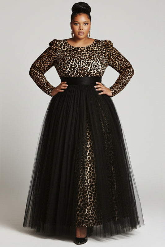 Black Leopard Round Neck Long Sleeve Contrast Elegant Tulle Maxi Dresses