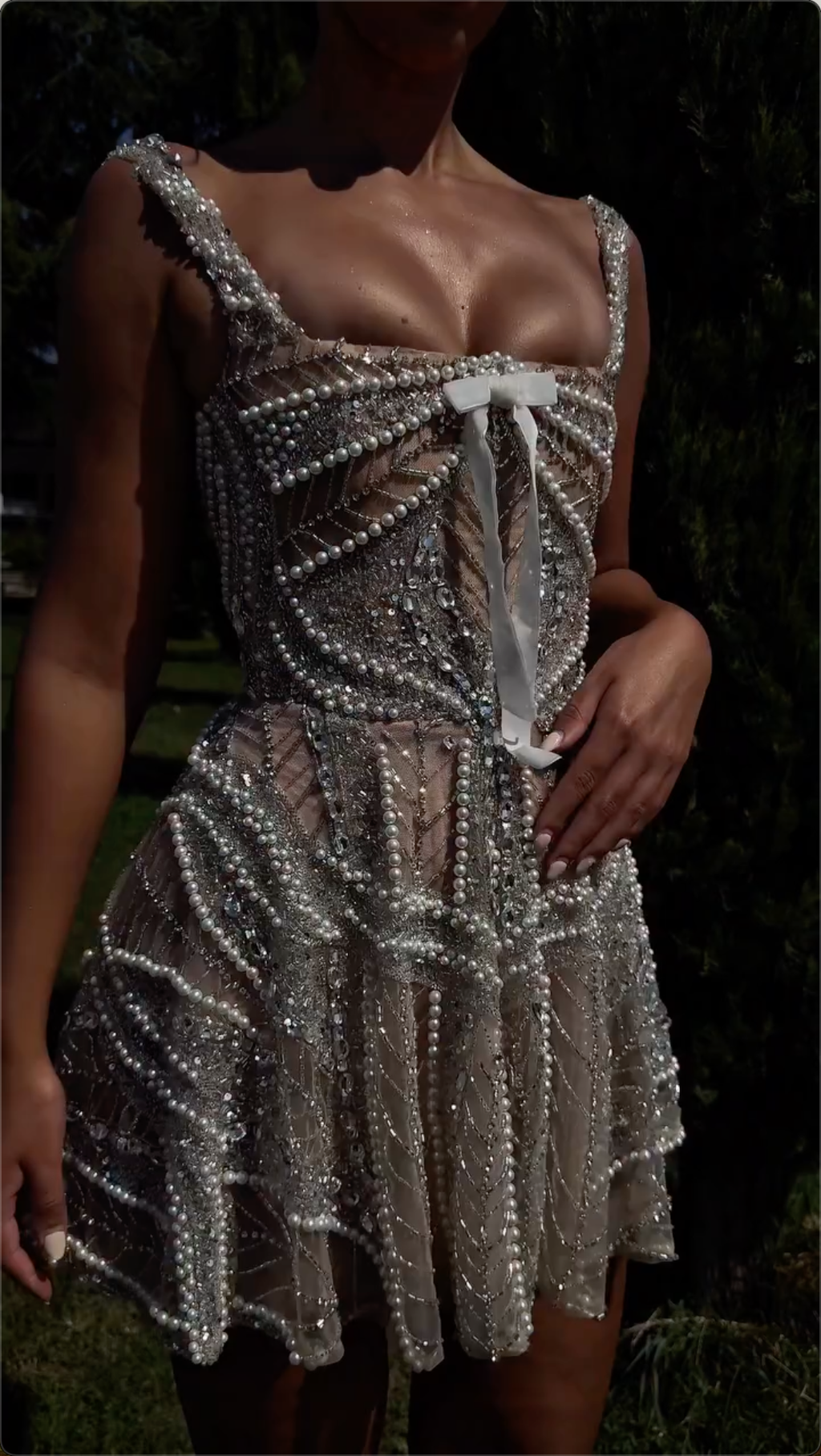Champagne Gold Pearl Beaded Mini Dress with Satin Bow & Flared Skirt