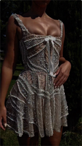 Champagne Gold Pearl Beaded Mini Dress with Satin Bow & Flared Skirt