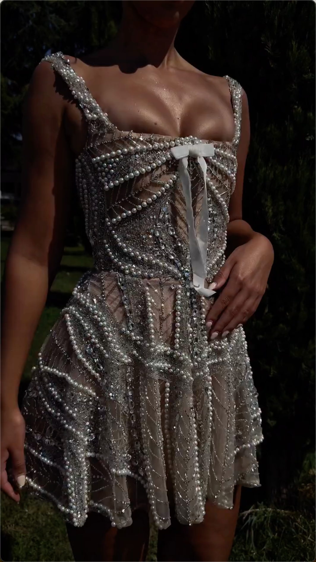 Champagne Gold Pearl Beaded Mini Dress with Satin Bow & Flared Skirt