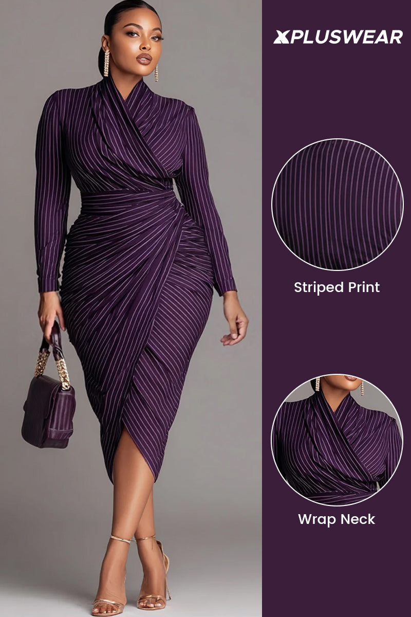 Business Casual Purple Striped Wrap Neck Long Sleeve Ruffled Elegant Midi Dresses