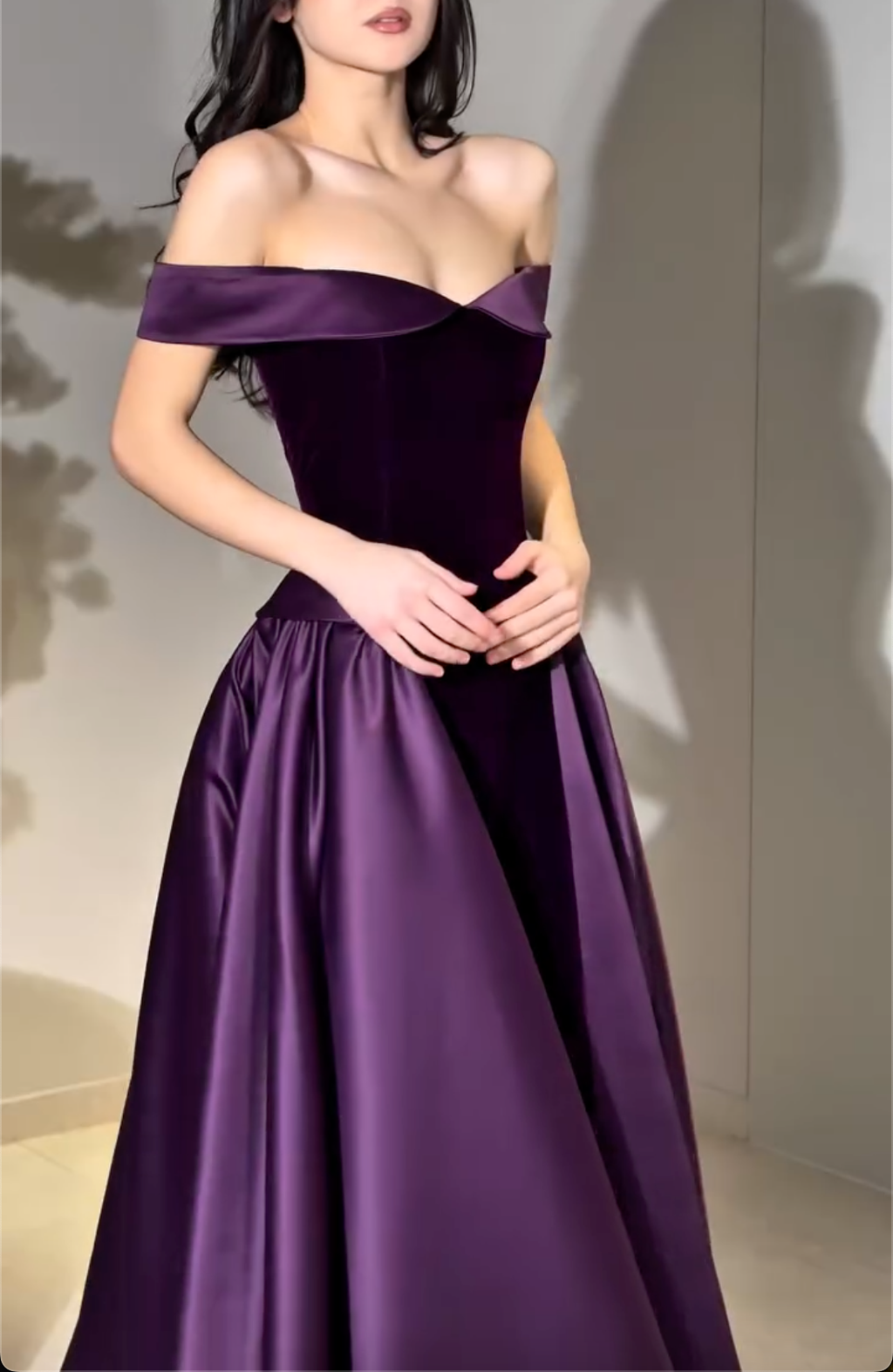 Plum Purple Off-the-Shoulder Velvet Maxi Dress with Satin Ball Gown Skirt