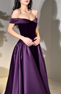 Plum Purple Off-the-Shoulder Velvet Maxi Dress with Satin Ball Gown Skirt