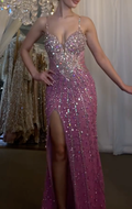Purple Spaghetti Strap Deep V-Neck Beaded Maxi Dress with High Slit