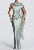 Sage Green Satin Corset Maxi Dress with Draped Detail - Elegant Formal Evening Gown