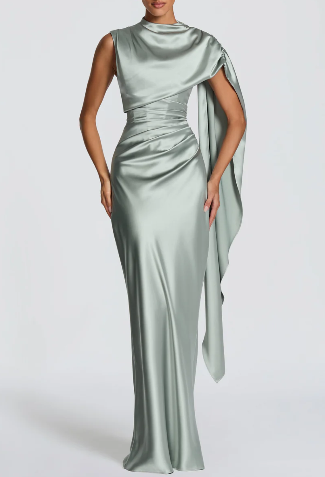 Sage Green Satin Corset Maxi Dress with Draped Detail - Elegant Formal Evening Gown