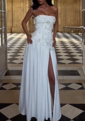 White Strapless Floral Beaded Corset Chiffon Slit Maxi Wedding Dress