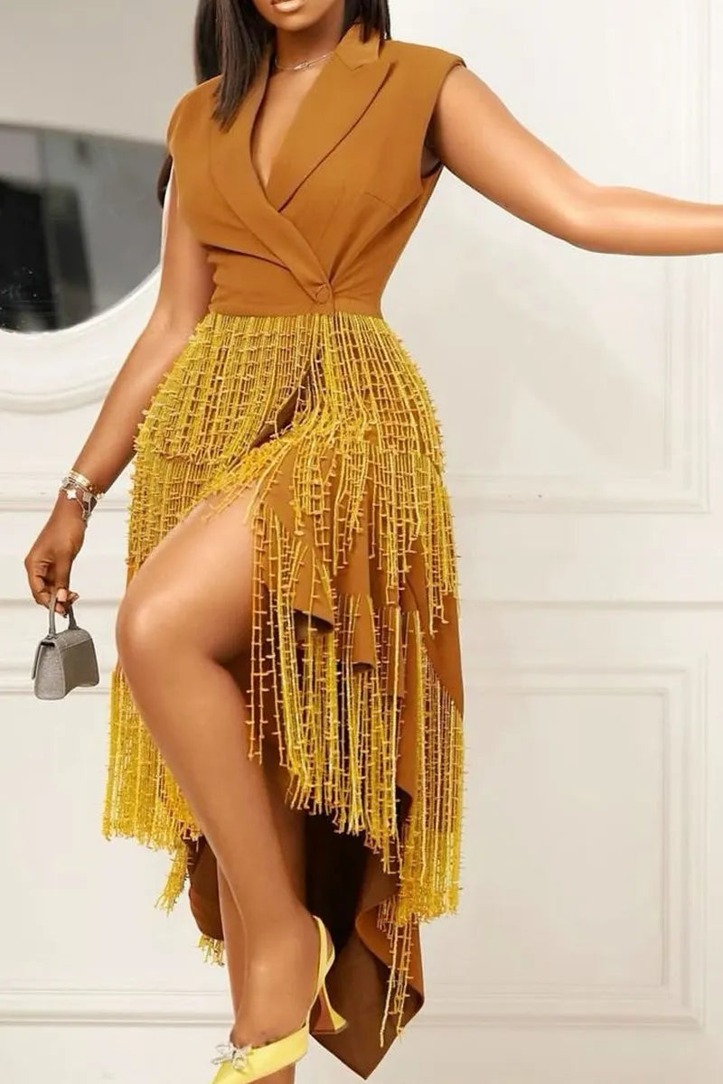 Women's Summer Casual Luxury Handmade Tassel Fringe Sleeveless Lapel Wrap Irregular Hem Dress