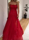 Red Strapless Pleated Chiffon A-Line Evening Gown