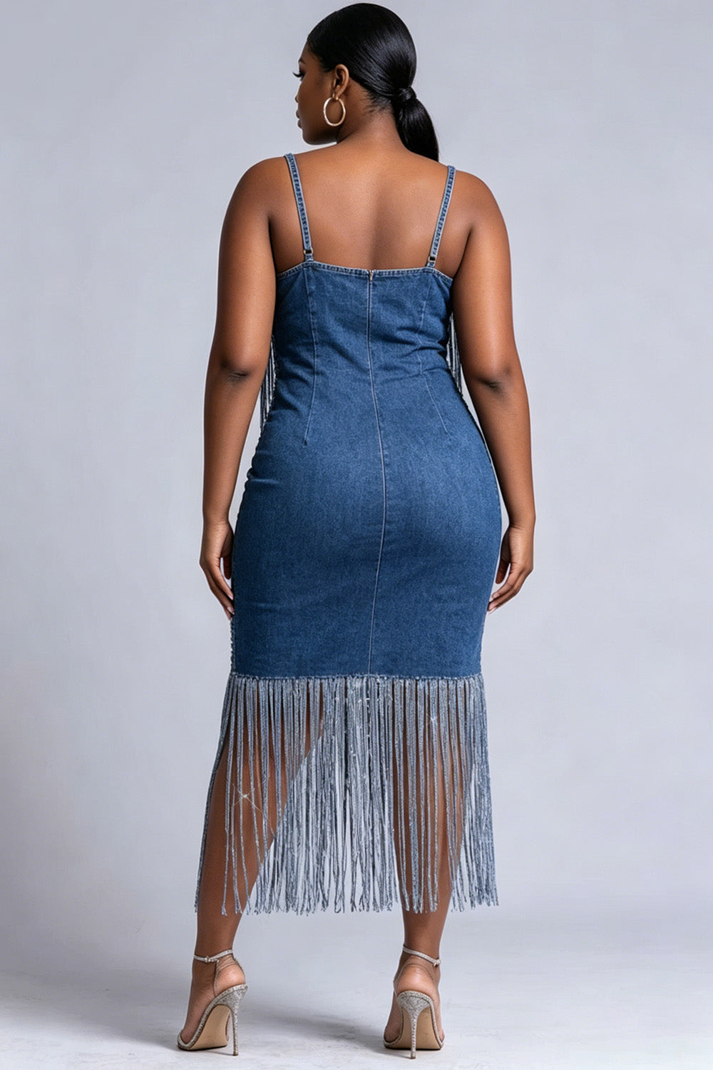 Xpluswear Design Plus Size Party Sexy Blue V Neck Strappy Drilling Tencel Denim Midi Dresses