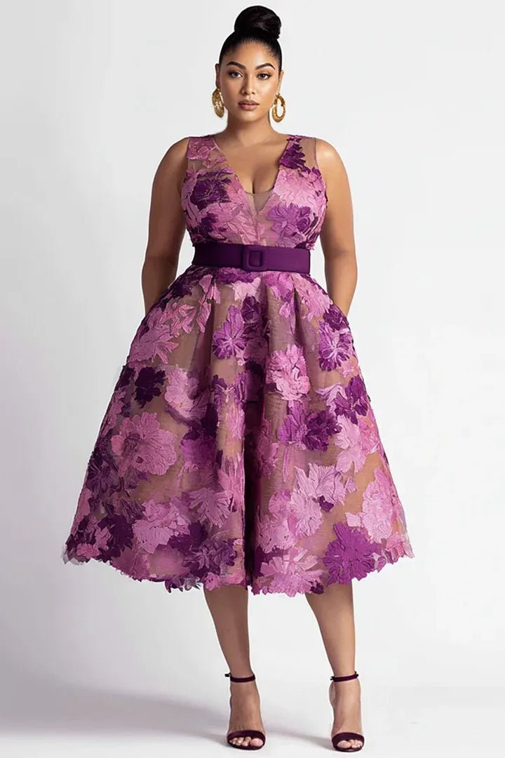 Cocktail Party Purple Floral V Neck Pocket Midi Dresses
