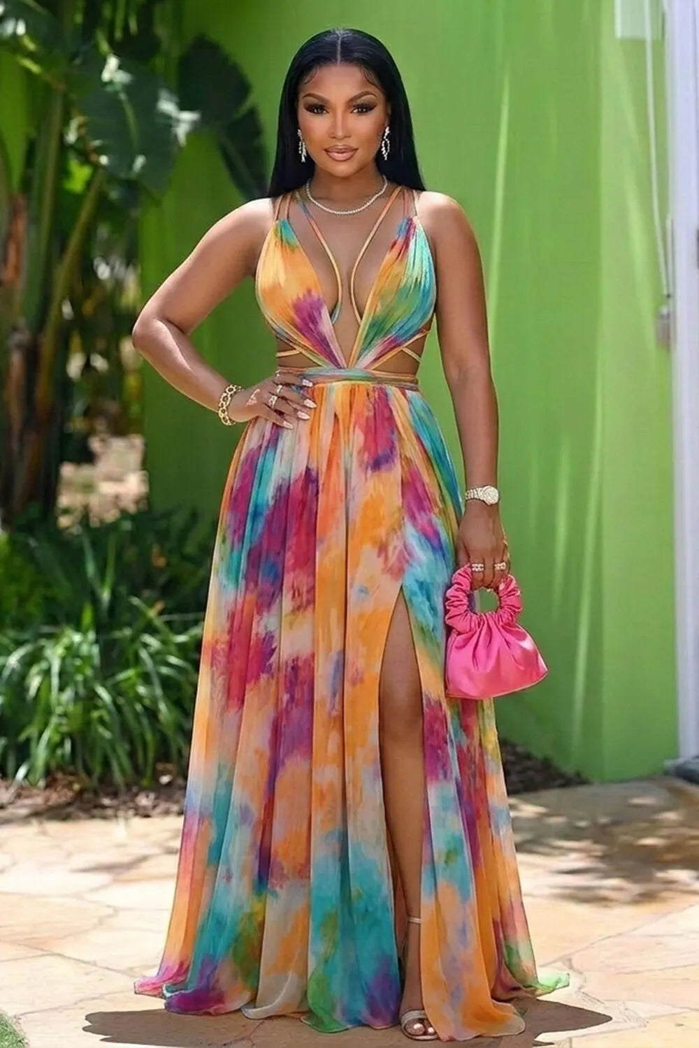 Cami Neck Cut Out Tie Dye Slit Vacation Maxi Dresses-Multicolor