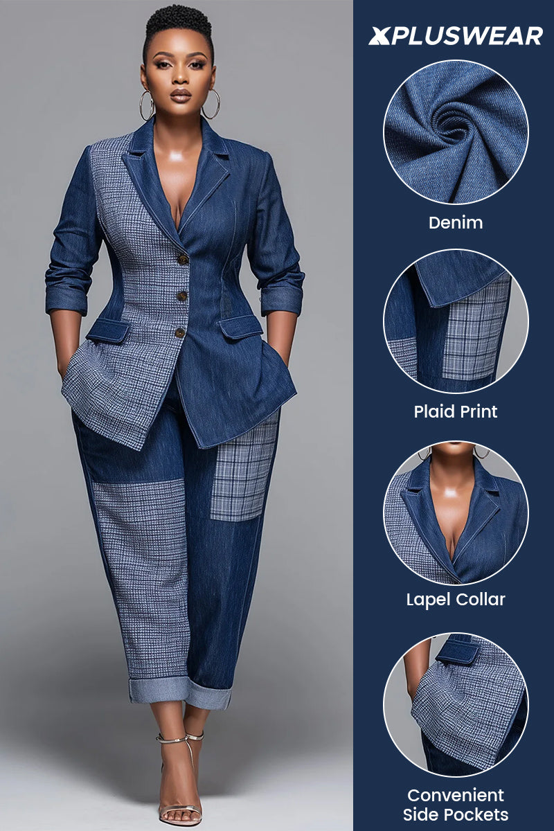 Xpluswear Design Plus Size Business Casual Blue Plaid Lapel Collar Long Sleeve Pocket Casual Contrast Denim Two Piece Pant Suits