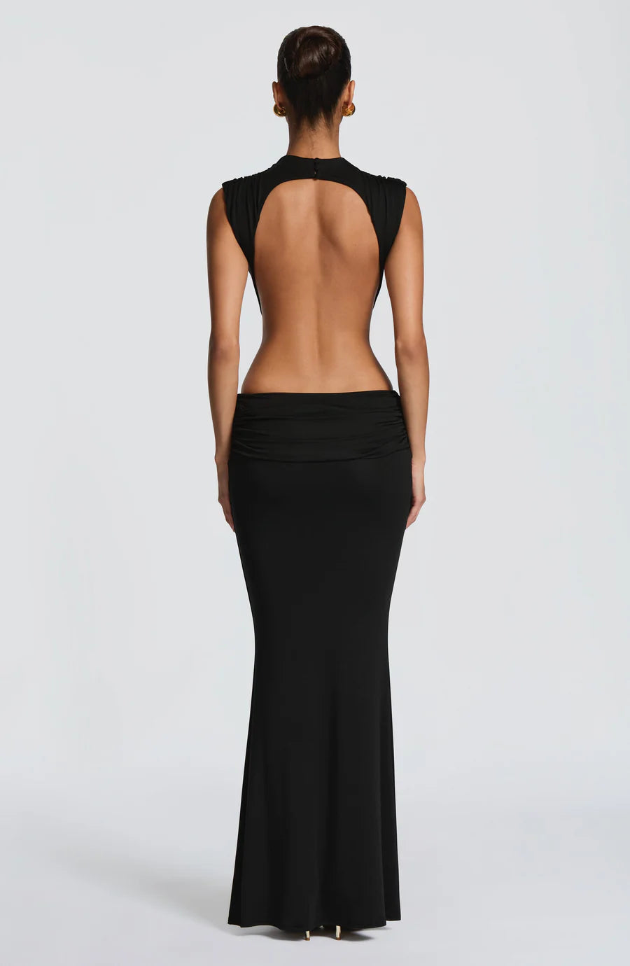 Red/Black Backless Cutout Ruched Maxi Dress - High Neck Sleeveless Bodycon Evening Gown
