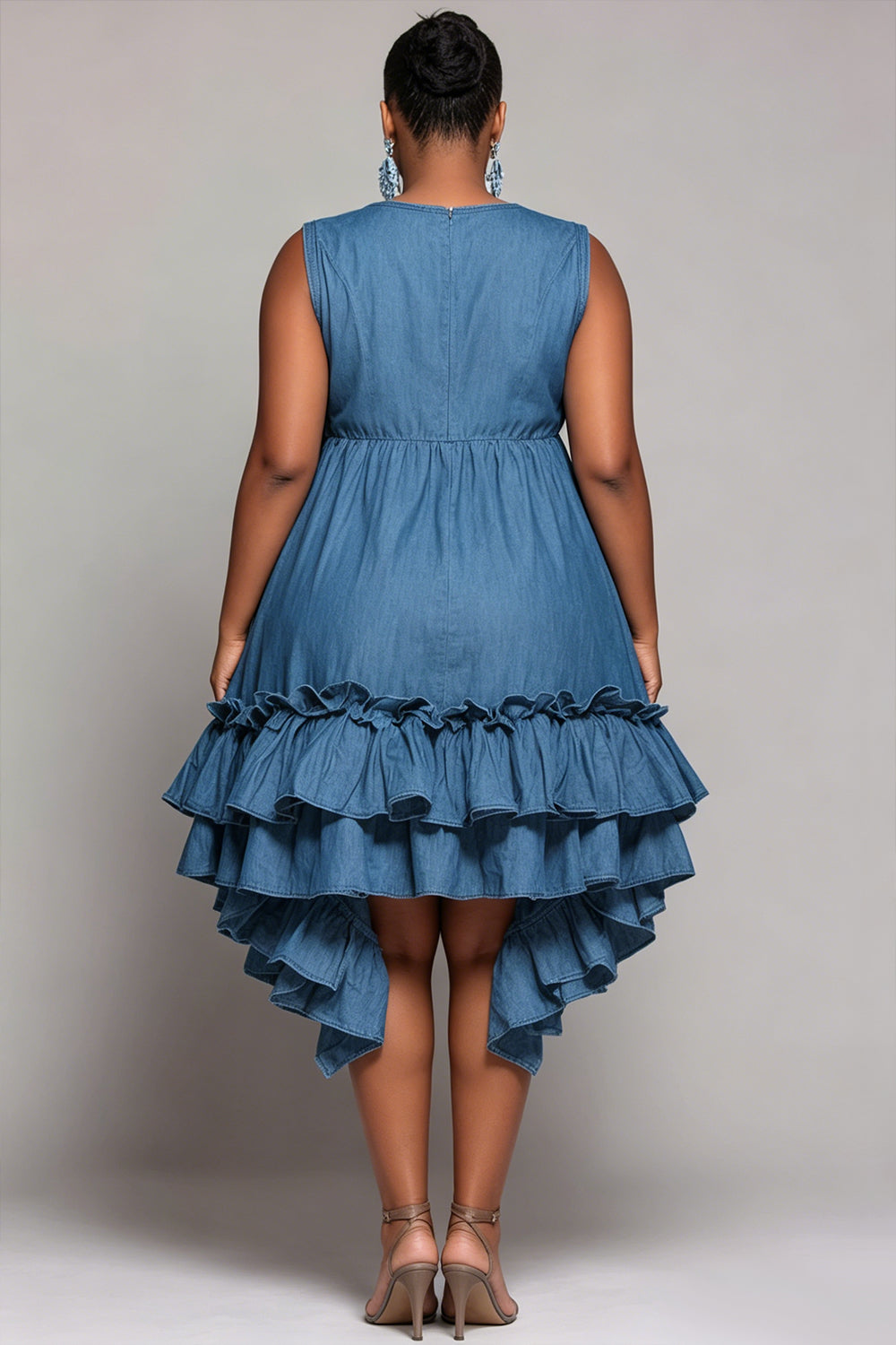 Xpluswear Design Plus Size Vacation Sundress Blue V Neck Ruffle Asymmetric Hem Tencel Denim Mini Dresses