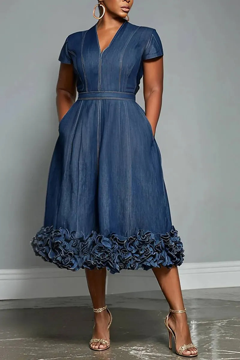 Women's Elegant V Neck Multi Layer Flounce Hem Denim Dress