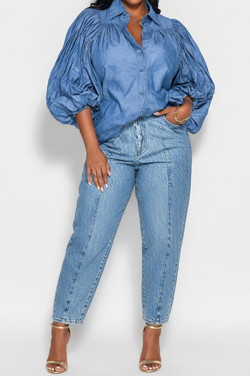 Xpluswear Design Plus Size Business Casual Blue Shirt Collar Lantern Sleeve Half Sleeve Pleated Tencel Denim Blouses