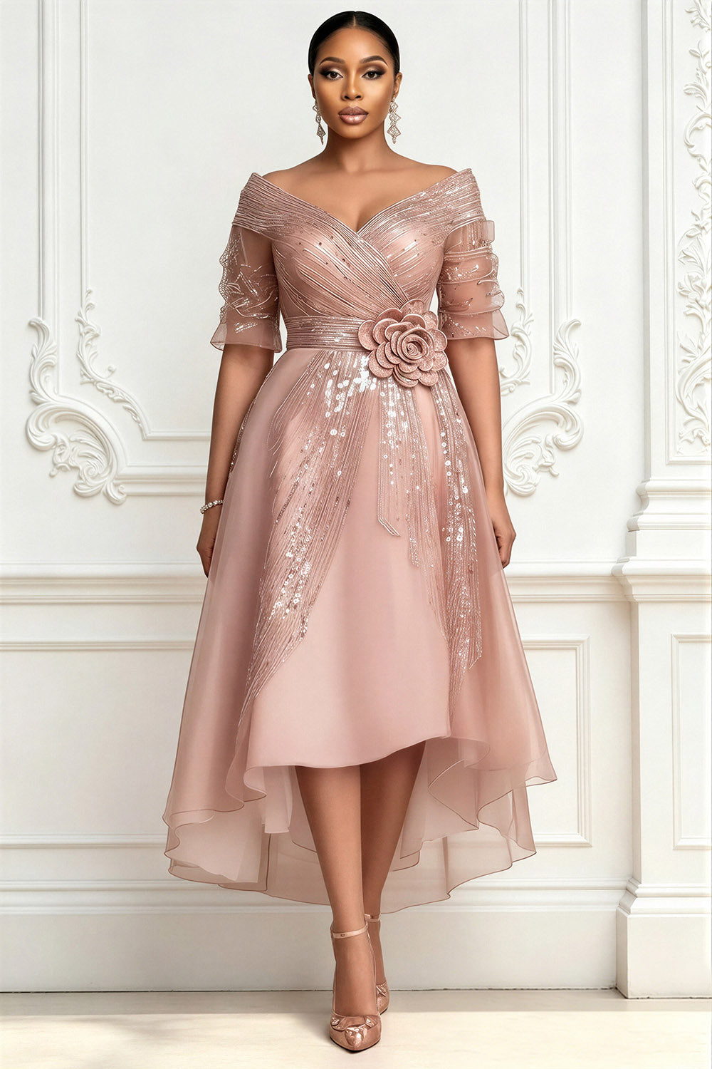 Wedding Guest Pink Wrap Neck Half Sleeve Asymmetric Hem Midi Dresses