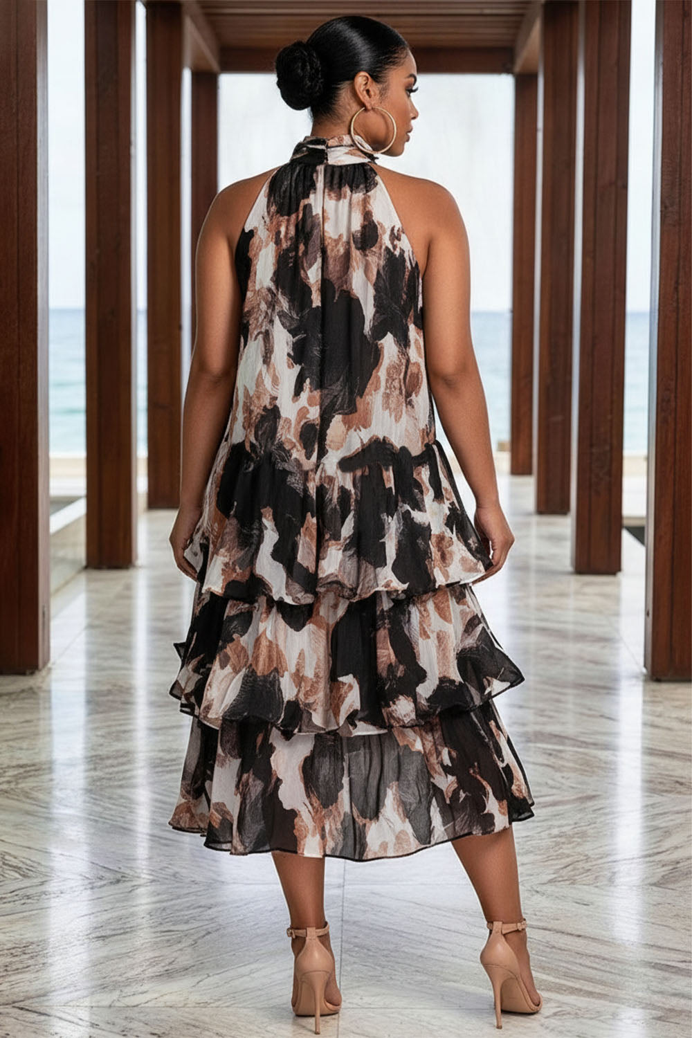 Wedding Guest Black All Over Print Halter Collar Ruffle Chiffon Midi Dresses [Pre-Order]