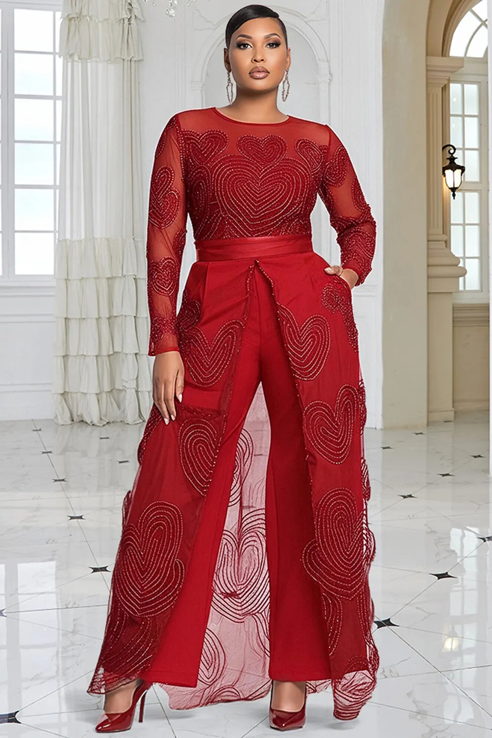 Red Round Neck Long Sleeve See Through Elegant With Skirt Overlay Jumpsuits