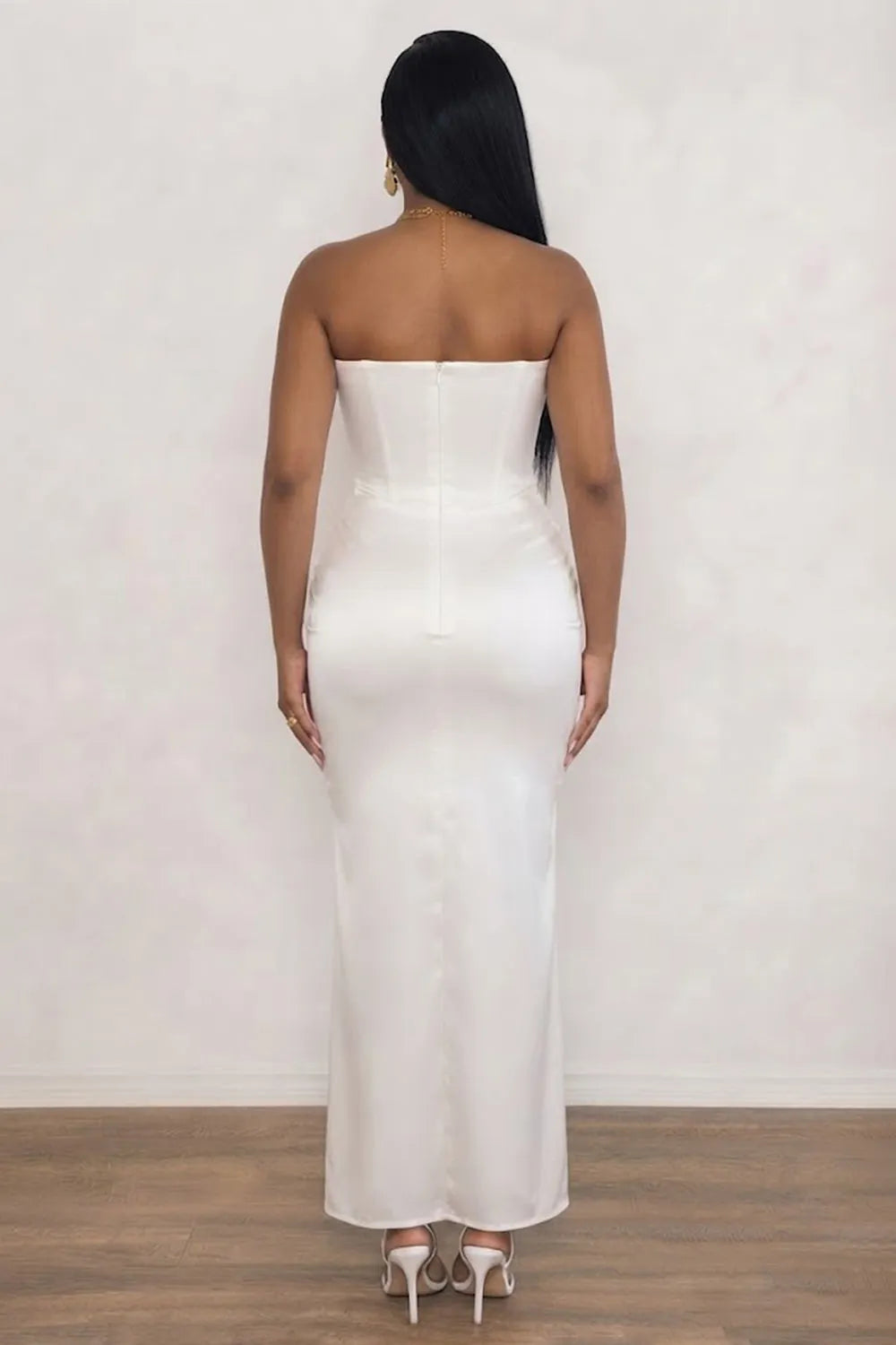 Strapless Fishbone Draped Slim Fit Evening Gowns Maxi Dresses-White