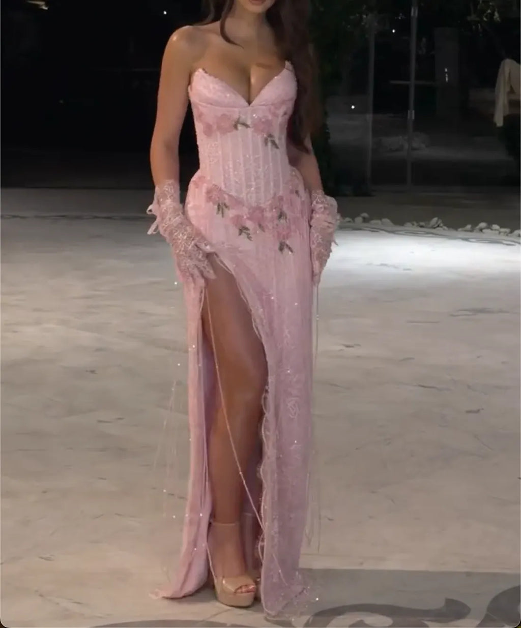 Pink Strapless Floral Lace Corset Maxi Dress - High Slit with Detachable Lace Gloves