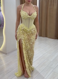 Yellow Halter Floral Lace Mermaid Maxi Evening Gown - Corset Bodice High Slit Formal Dress