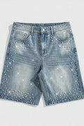 MEN Street Life Spring/Summer Casual Men'S Pearl & Diamond Embellished Loose Denim Shorts