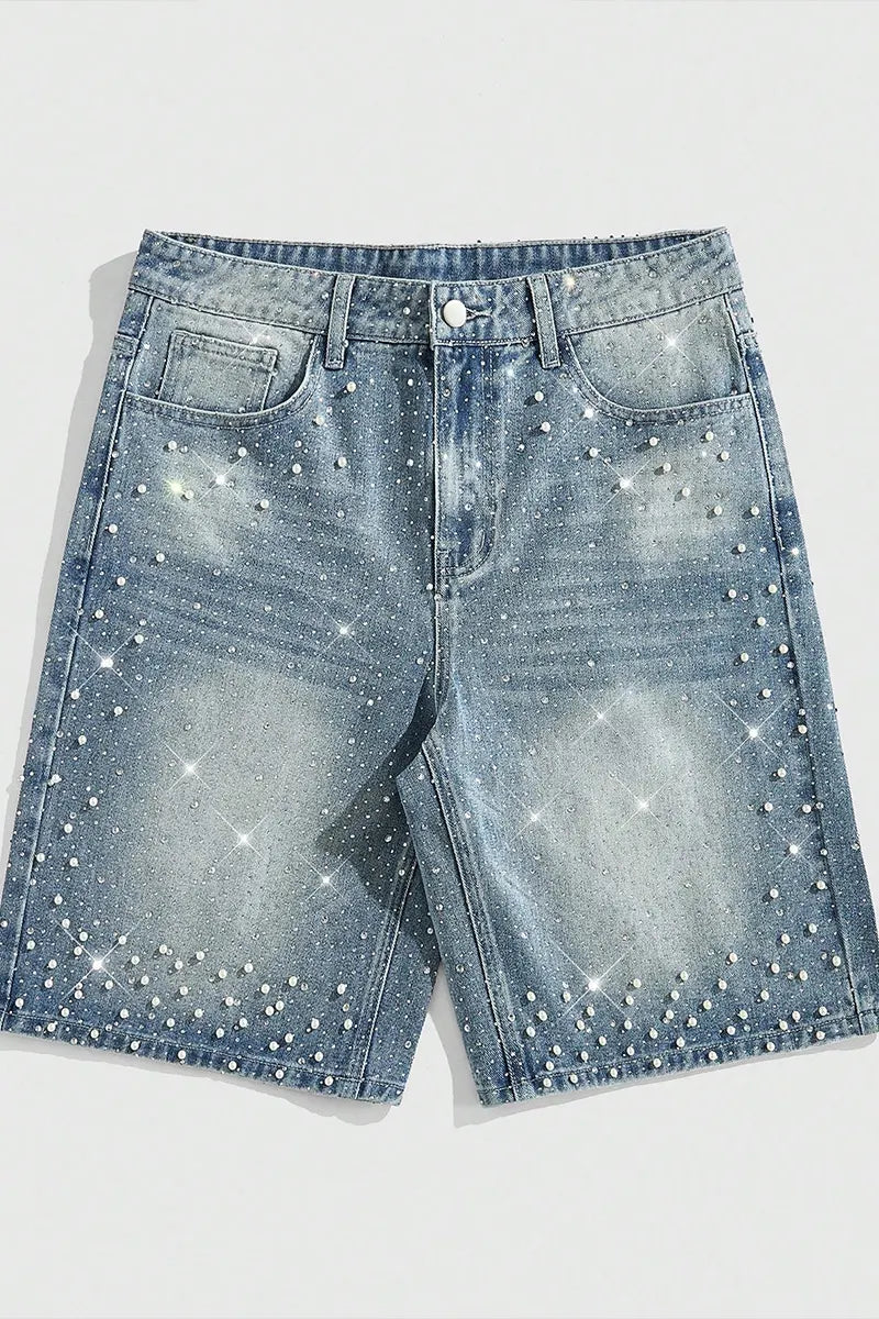 MEN Street Life Spring/Summer Casual Men'S Pearl & Diamond Embellished Loose Denim Shorts