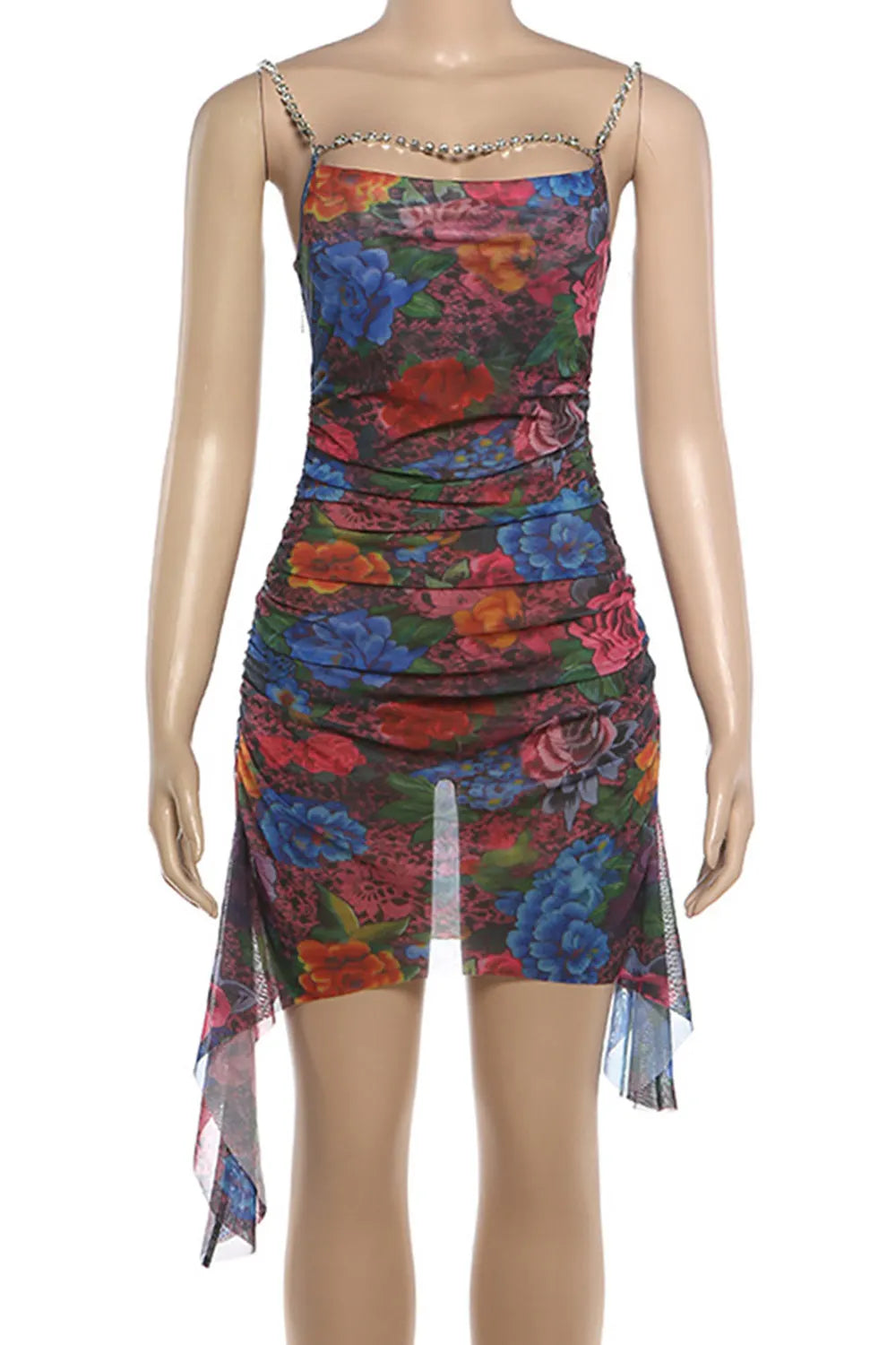 Chain Cami Neck Floral Ruched Sash Slim Fit Party Mini Dresses-Multicolor