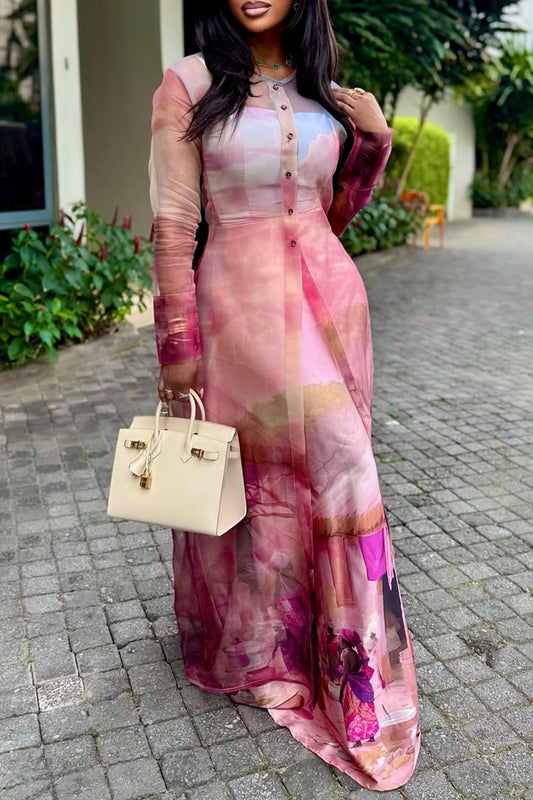 Plus Size Wedding Guest Multicolor Graphic Round Neck Long Sleeve Button See Through Organza Two Piece Dress Set