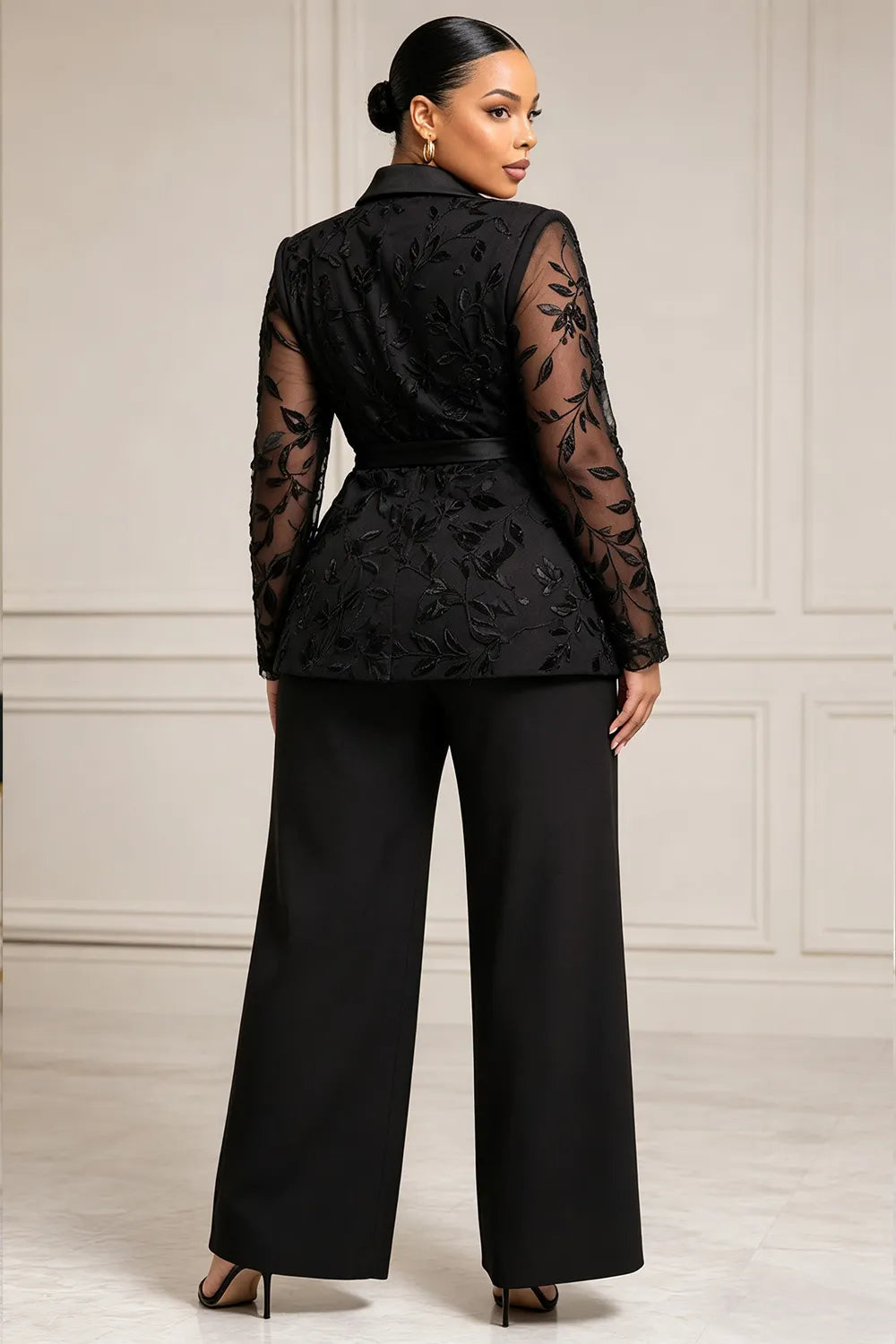 Lace Black Lapel Collar Long Sleeve Wrap See Through Satin Two Piece Pant Suits [Pre-Order]