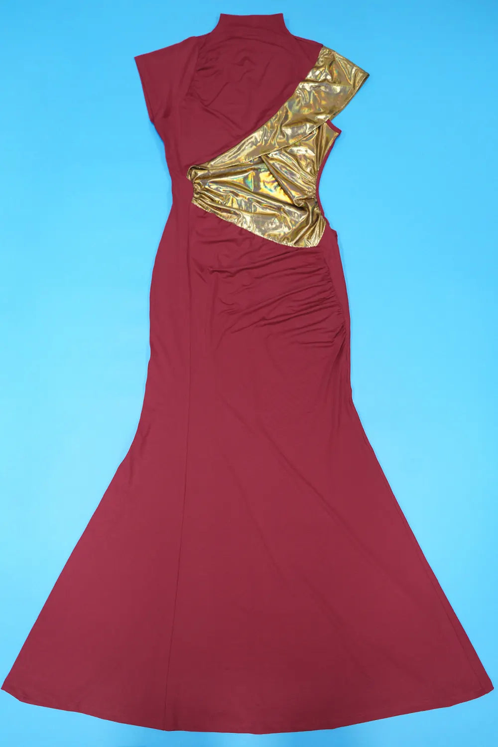 Mock Neck Short Sleeve Bronzing Colorblock Fishtail Gowns Maxi Dresses-Black