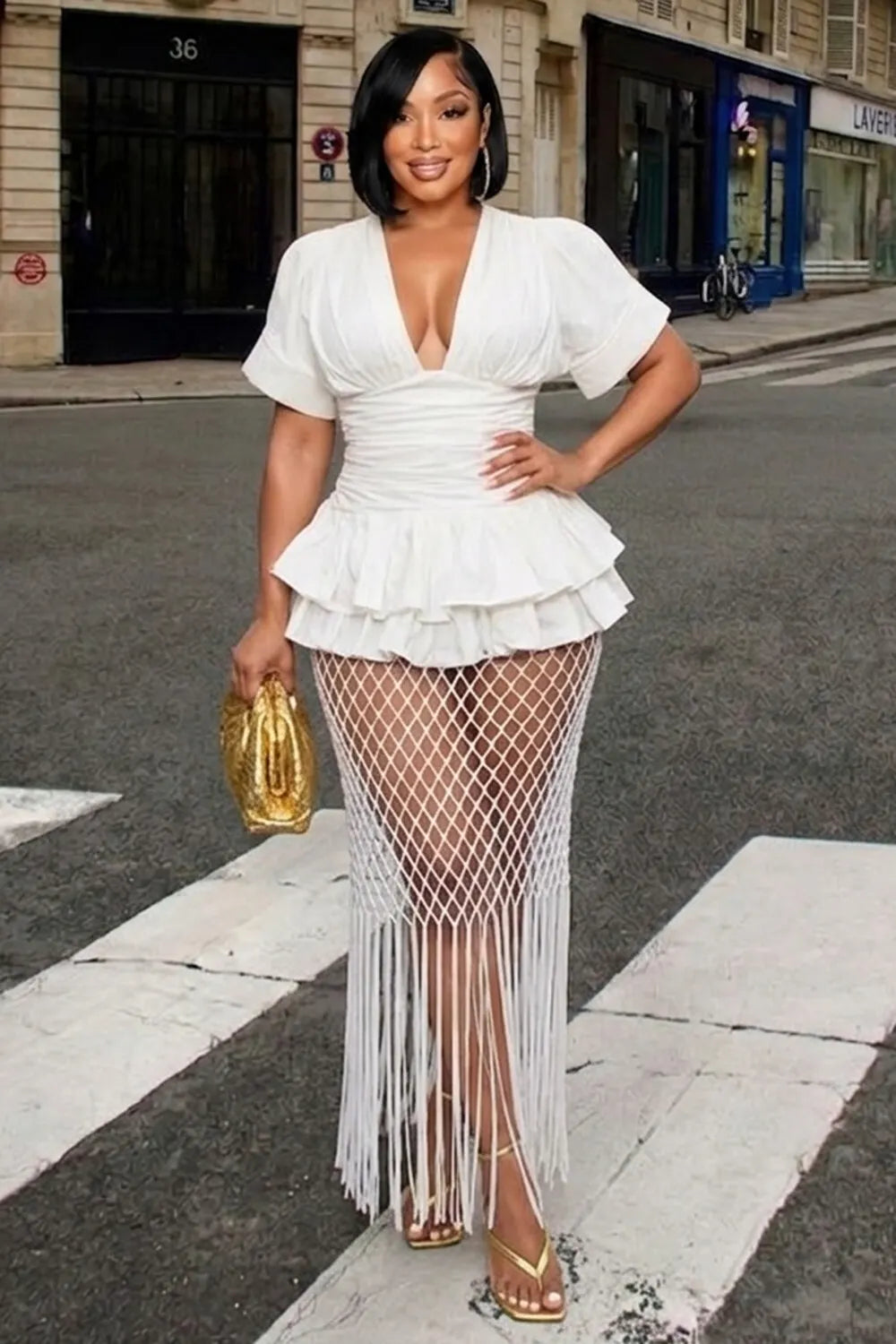 Deep V Neck Ruched Peplum Fishnet Long Fringe Maxi Dresses-White [Pre Order]
