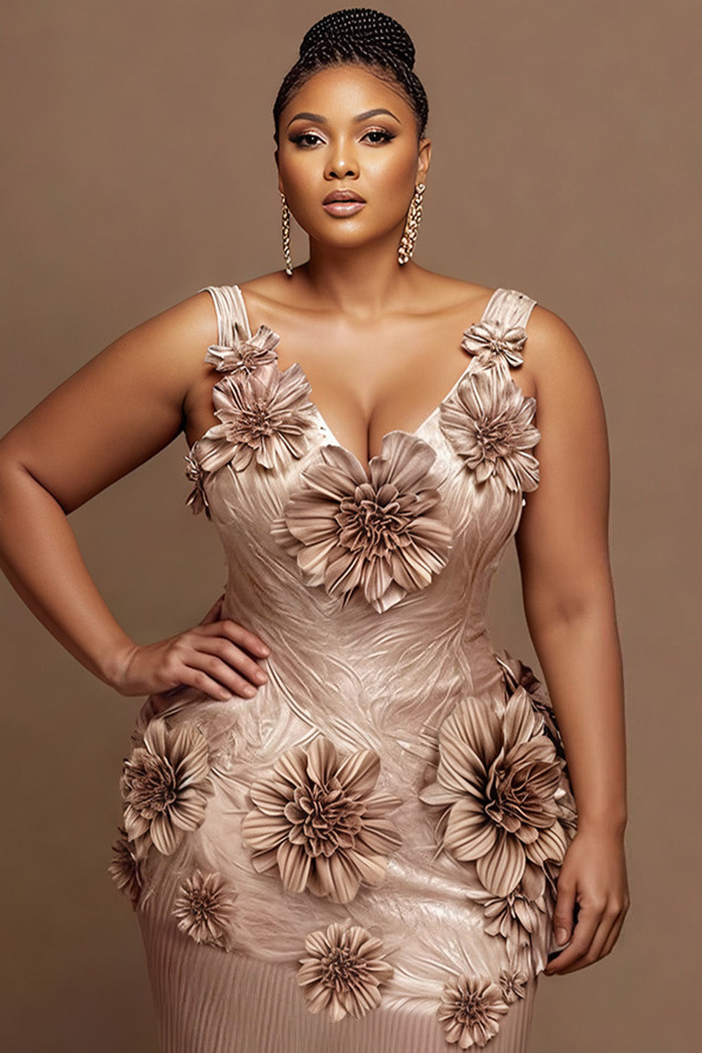 Cocktail Party Gold V Neck 3D Elegant Midi Dresses