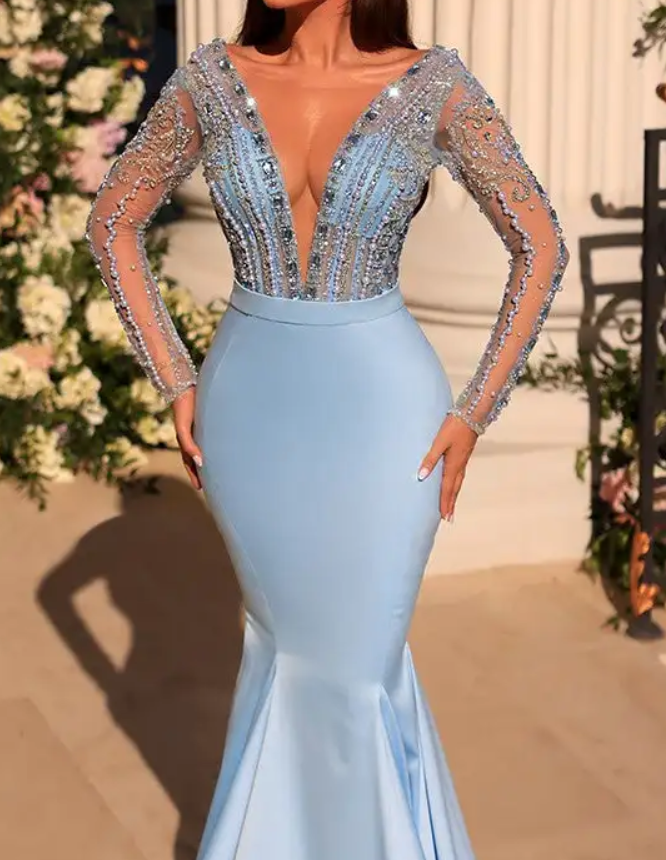 Light Blue Crystal Embellished Long Sleeve Plunge Neck Mermaid Maxi Dress