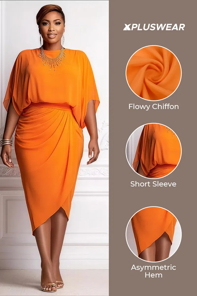 Cocktail Party Orange Round Neck Short Sleeve Fold Chiffon Midi Dresses [Pre-Order]