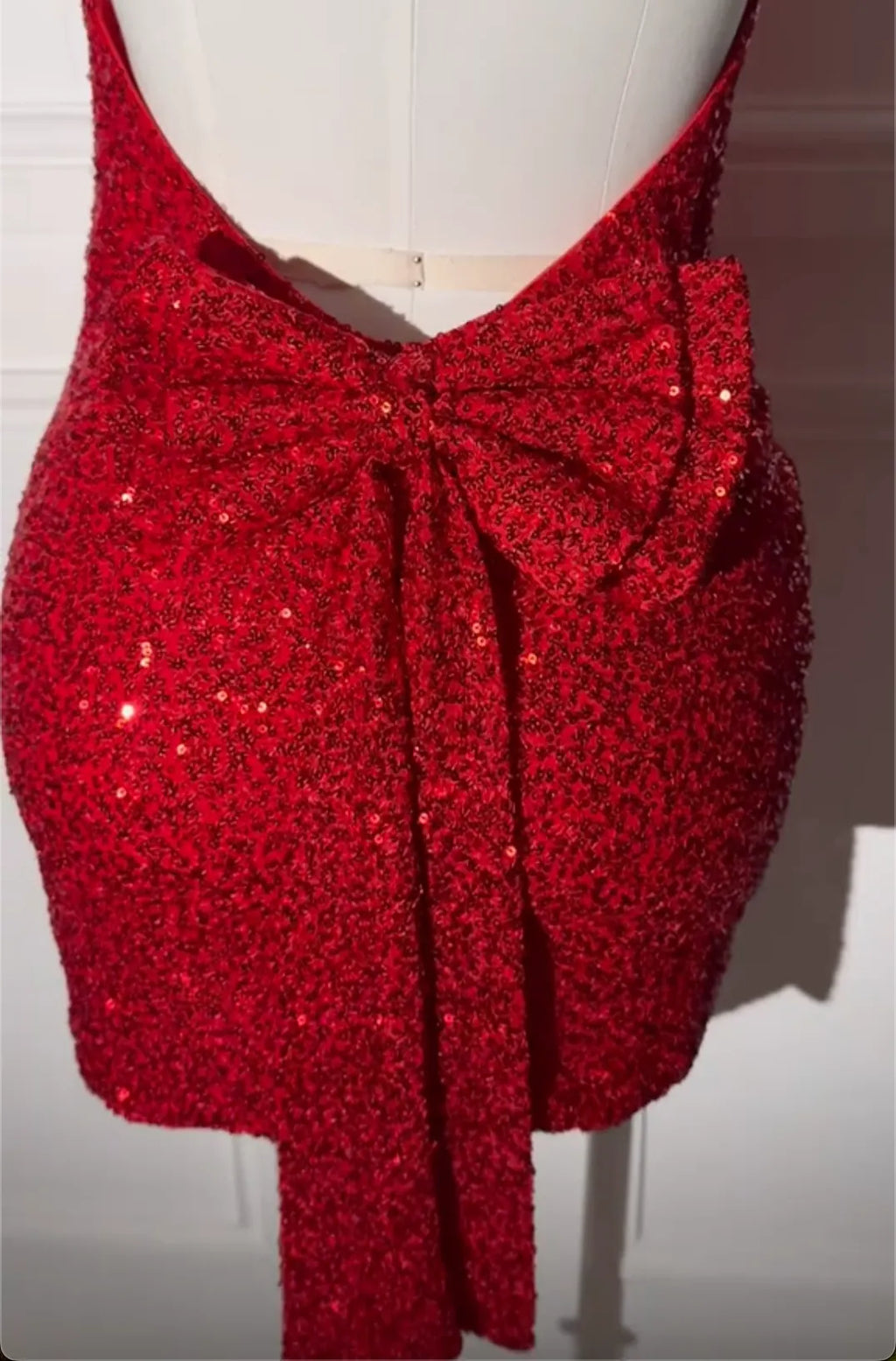 Red Sequin Mini Dress with Oversized Bow Back & Square Neck