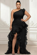 Black Oblique Collar One Shoulder Ruffle Split Chiffon Maxi Dresses