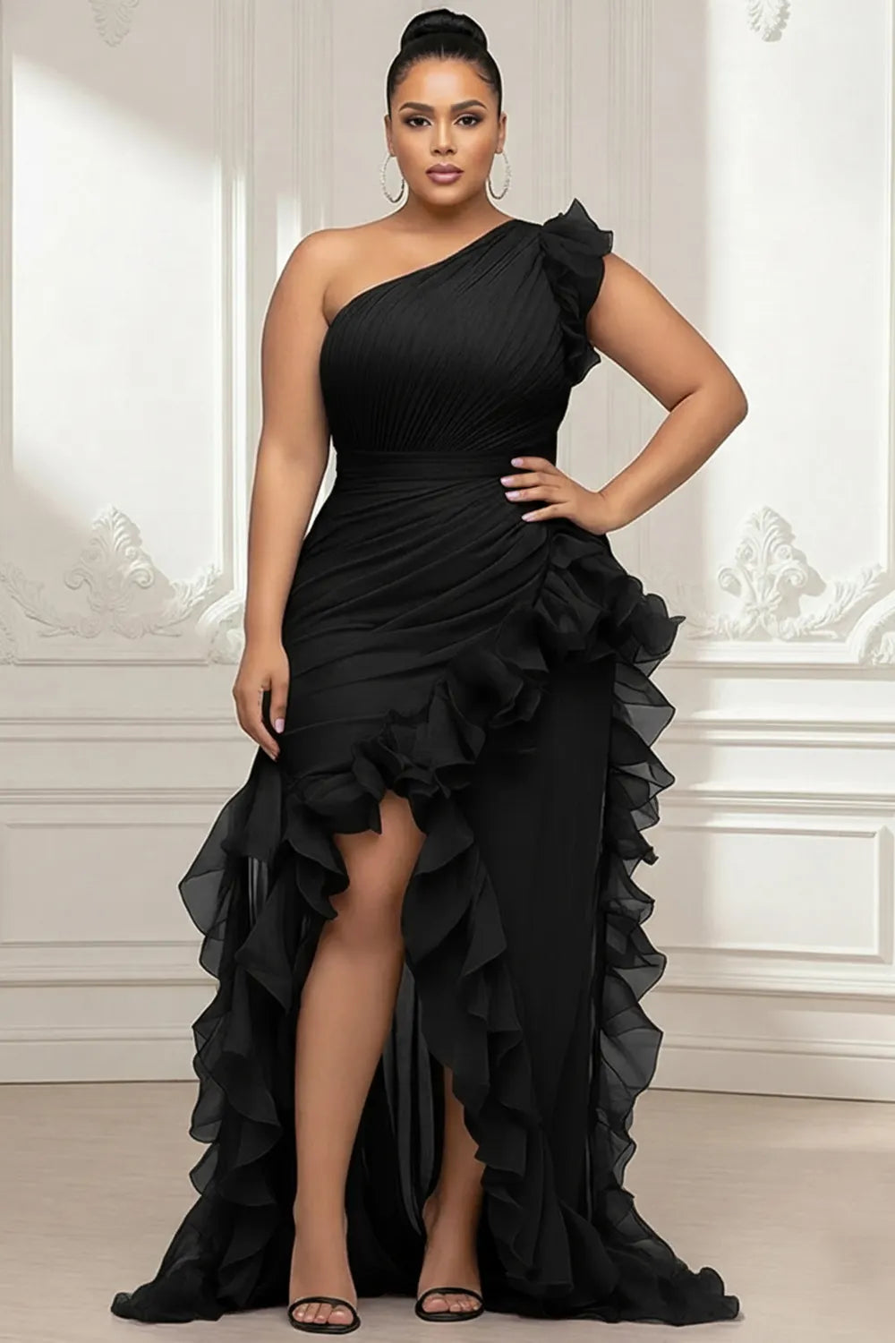 Black Oblique Collar One Shoulder Ruffle Split Chiffon Maxi Dresses