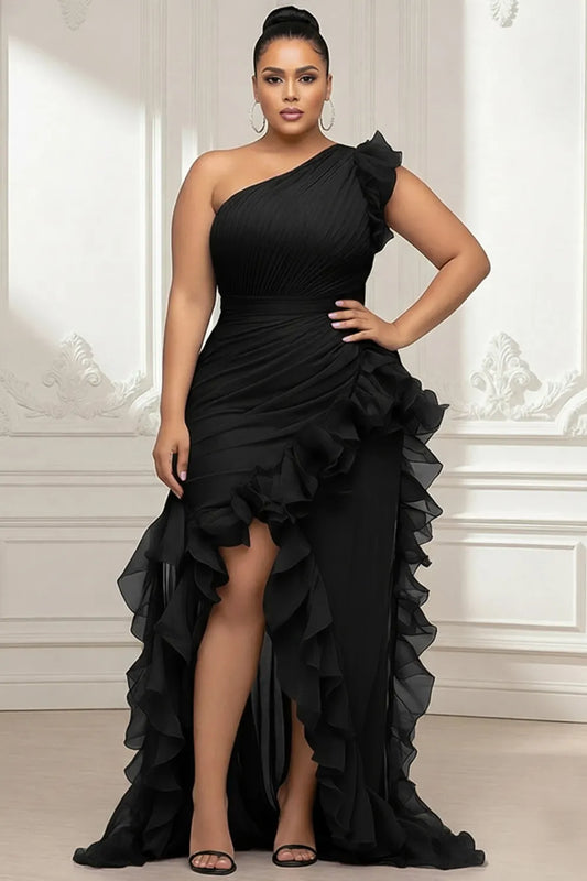 Black Oblique Collar One Shoulder Ruffle Split Chiffon Maxi Dresses