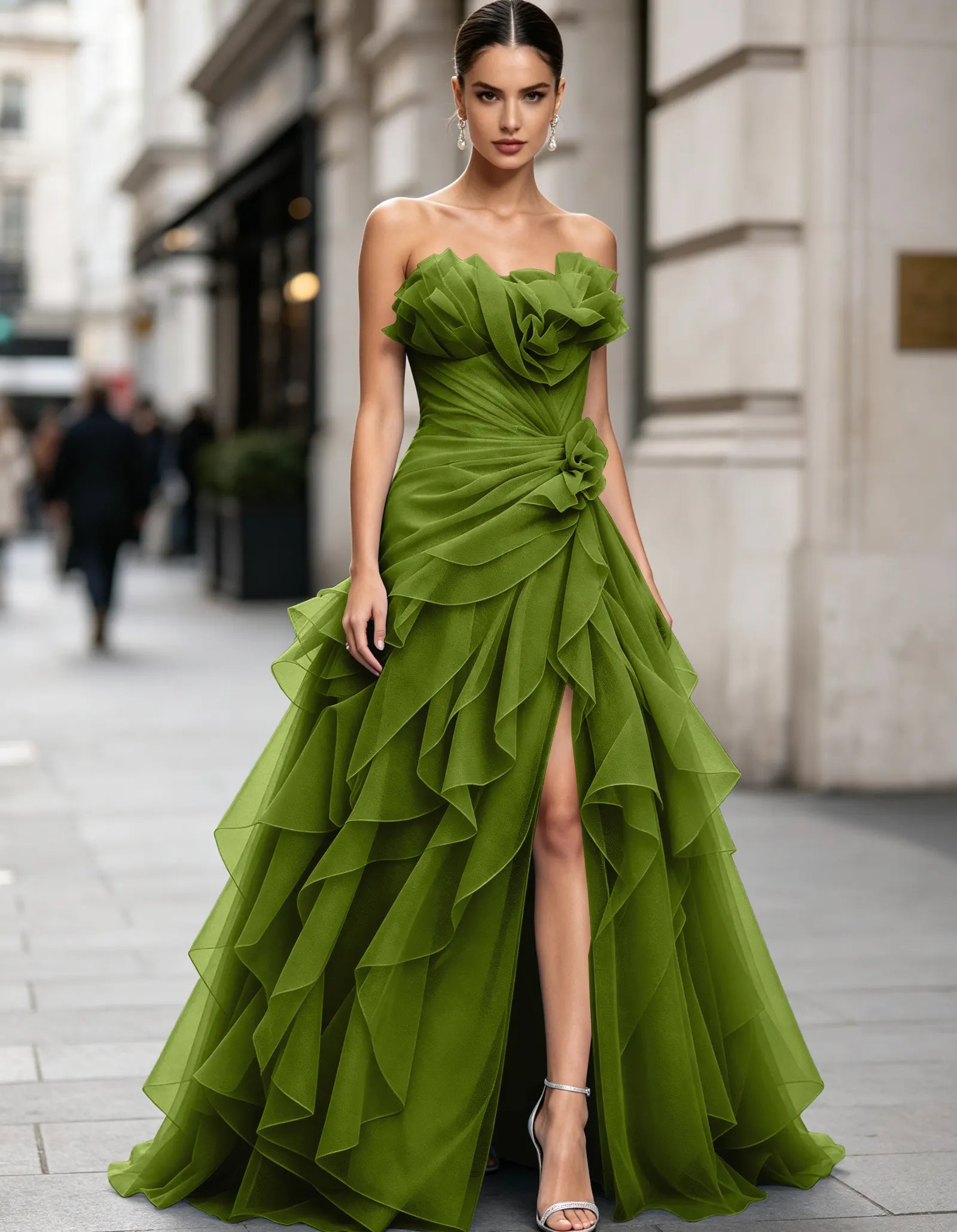 Voluminous Floral Ruffle Strapless Tulle Mermaid  Maxi Dress