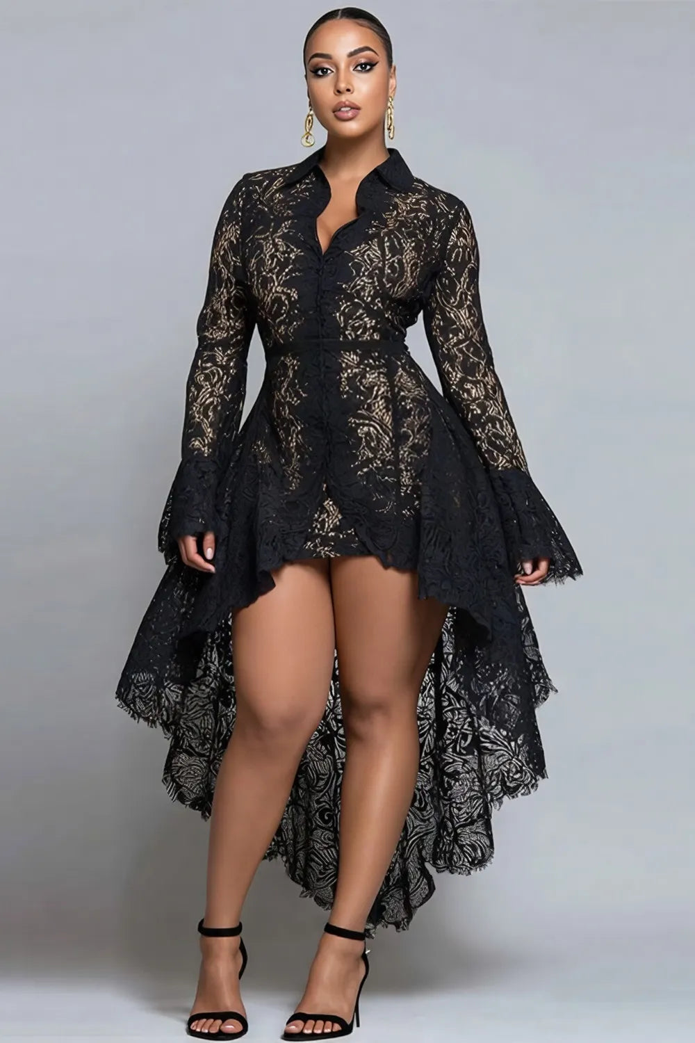 Party Black Stand-Up Collar Long Sleeve High Low Hem Elegant See Through Lace Mini Dresses