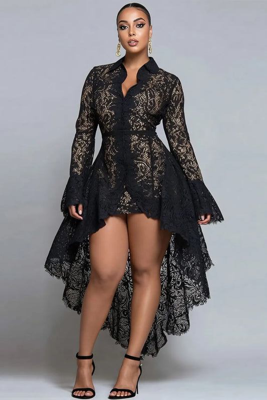 Party Black Stand-Up Collar Long Sleeve High Low Hem Elegant See Through Lace Mini Dresses