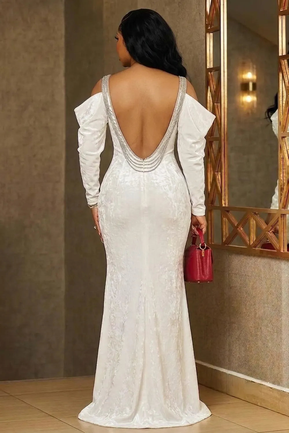 Deep V Neck Cold Shoulder Mermaid Gowns Maxi Dresses-White [Pre Order]