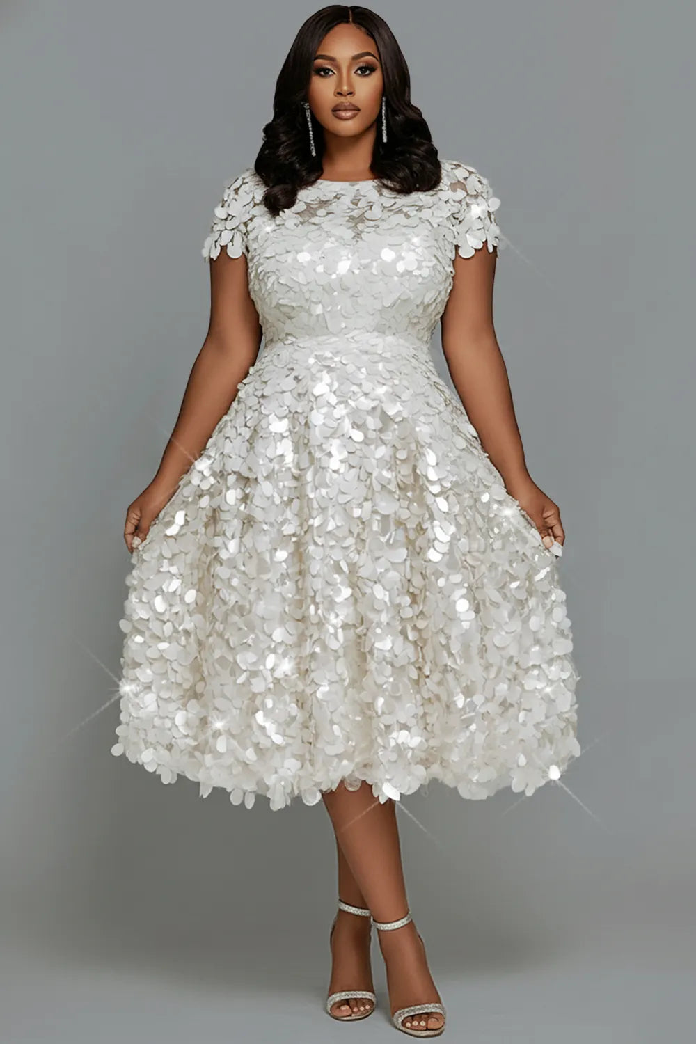 Cocktail Party White Round Neck Cap Sleeve Short Sleeve Sequin Midi Dresses
